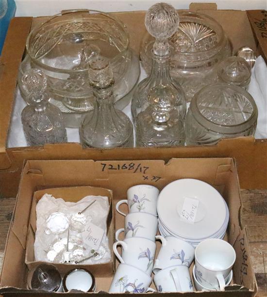 2 Vic/Ed glass bowls, salad bowl, vase, 5 decanters, set 12 Hock glasses, Portuguese coffee cups, Royal Doulton eggcups, etc
